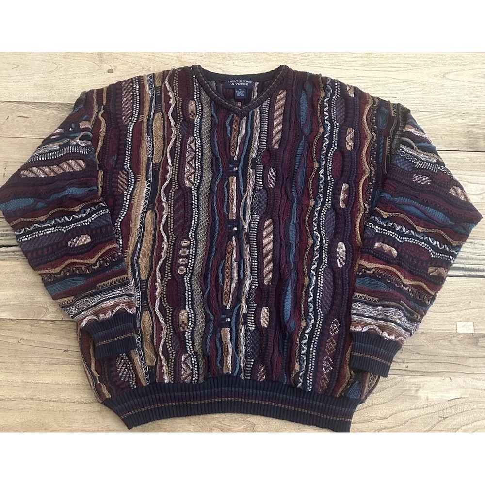 Vtg 90s Roundtree & Yorke Sweater Men's XL 3D Textured Knit Coogi Style